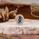 1 Carat Oval Cut Classic Alexandrite Ring Half Eternity Band Halo Ring